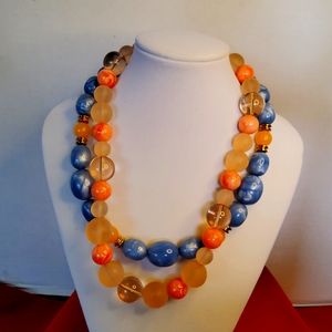 Avon Franch Countryside Blue pearlized &yellow beaded necklace. Lot of two